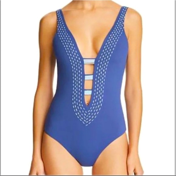 BECCA blue lattice and tassel plunging one piece swimsuit Large - Picture 1 of 9